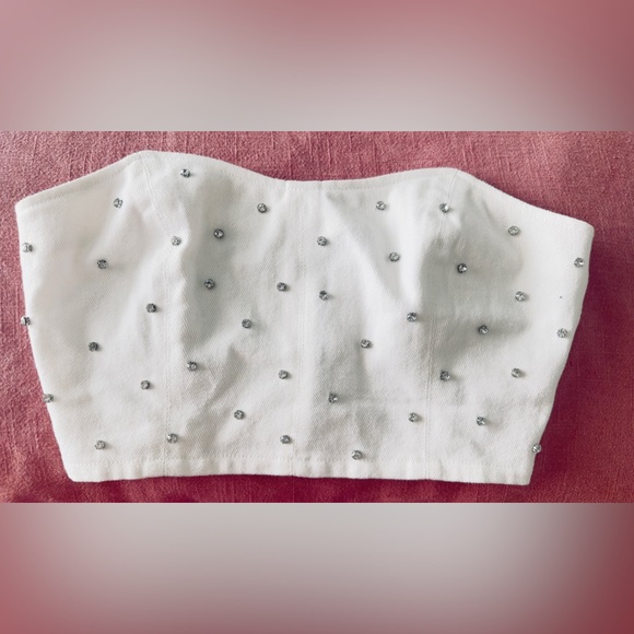 Rhinestone Studded SM White Denim Cropped Stretch Sweetheart Neckline Corset Top - Picture 1 of 6